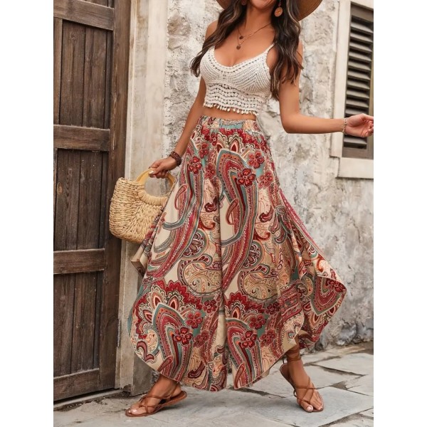 Kadın Yüksek Bel Beli Lastikli Desenli Geniş Paçalı Süprem Pantolon