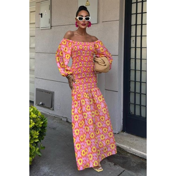 Madonna Yaka Gipe Detaylı Desenli Elbise 2746