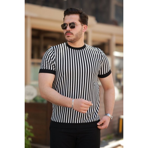 Erkek Siyah Beyaz örme Pamuklu Kumaş Kısa Kollu T-shirt
