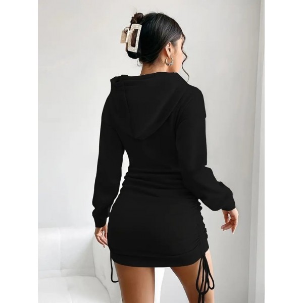Kadın Uzun Kollu Kapşonlu Yandan Büzgülü Mini Viskon Iki Iplik Elbise
