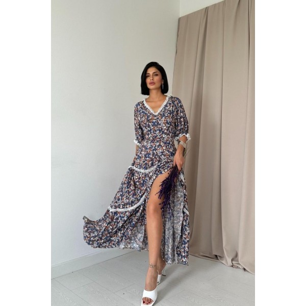 Desenli Sırtı Dekolteli Brode Elbise