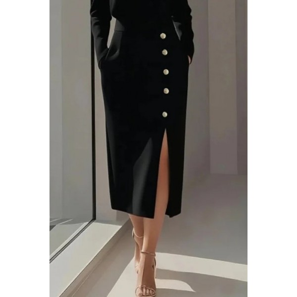 Kadın Uzun Kollu Bisiklet Yakalı Yandan Yırtmaçlı Düğmeli Midi Ithal Krep Elbise