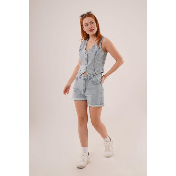 Düğme Ve Ön Dikiş Detaylı Mavi Jean Yelek