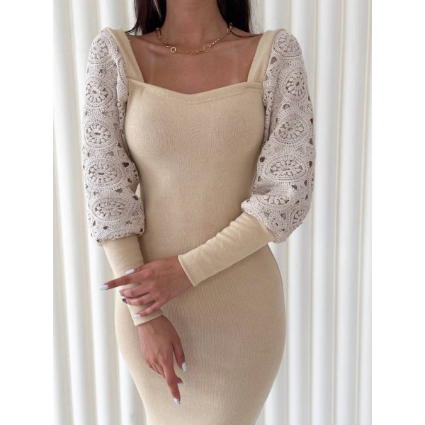 Kadın Kare Yaka Kolları Manşet Ve Tül Detay Fırsat ürün Midi Boy Elbise