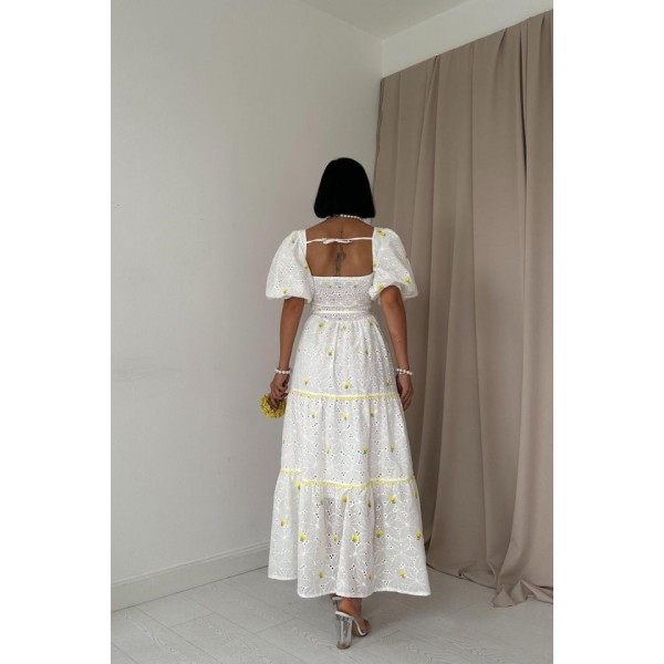 Sarı Dantel Detaylı Brode Elbise