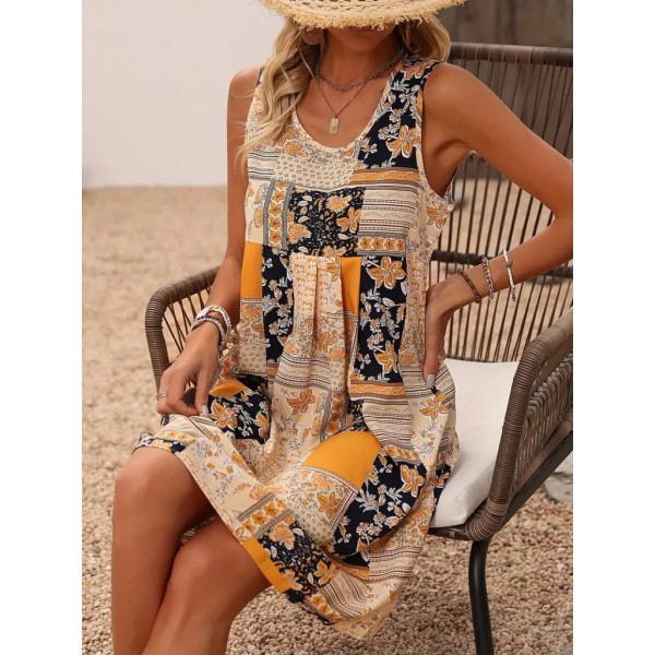 Kadın Sıfır Kol Yuvarlak Yaka çiçek Desenli Süprem Elbise