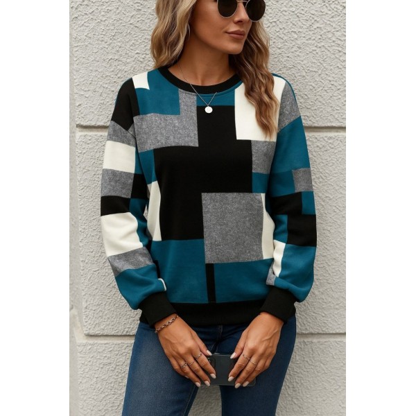 Kadın Uzun Kollu Bisiklet Yaka Renkli Blok Baskı Dalgıç Bluz