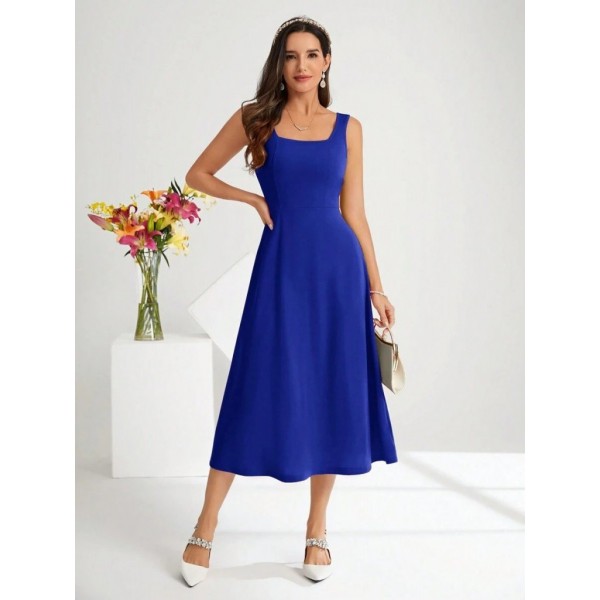 Kadın Askılı Kare Yakalı Midi Ithal Krep Elbise