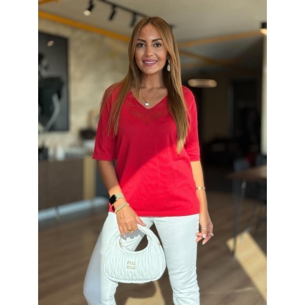 Kadın Kısa Kollu V Yaka Ajurlu Triko BluZ