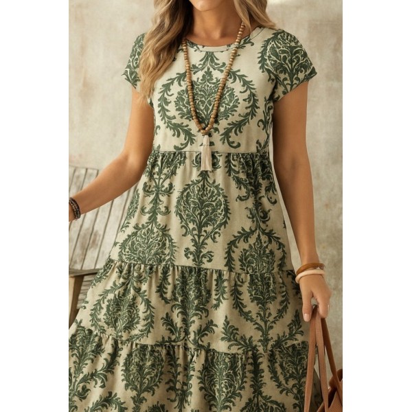 Kadın Kısa Kollu Bisiklet Yaka Desenli Fırfırlı Süprem Elbise