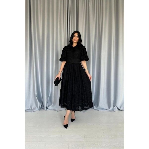 Siyah Kemerli Balon Kollu Elbise