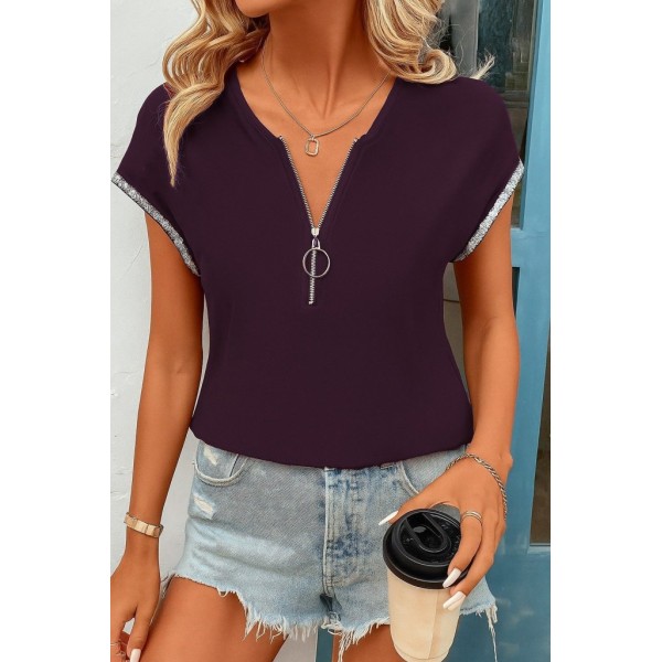 Kadın Kısa Kollu önden Fermuarlı Kol Ucu ışıltılı Viskon Bluz