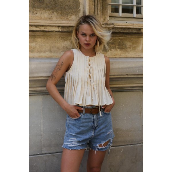 Pileli Bağlamlı Bluz - Natür