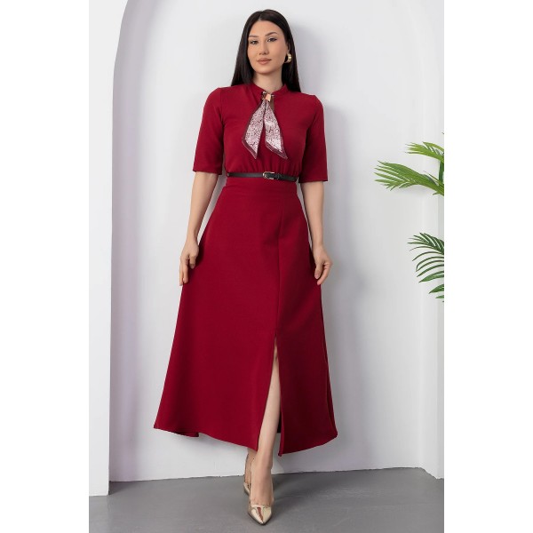 Kadın Kısa Kollu Fular Ve Kemer Detay önden Yırtmaçlı Maxi Boy Elbise