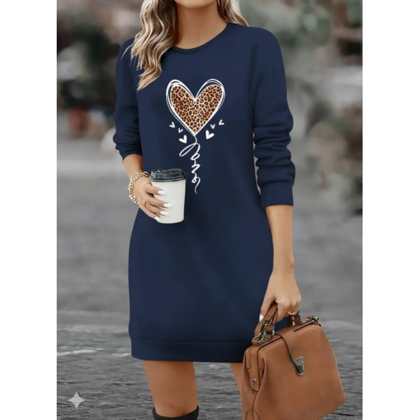 Kadın Uzun Kollu Bisiklet Yaka Kalp Desenli Kısa Viskon Elbise