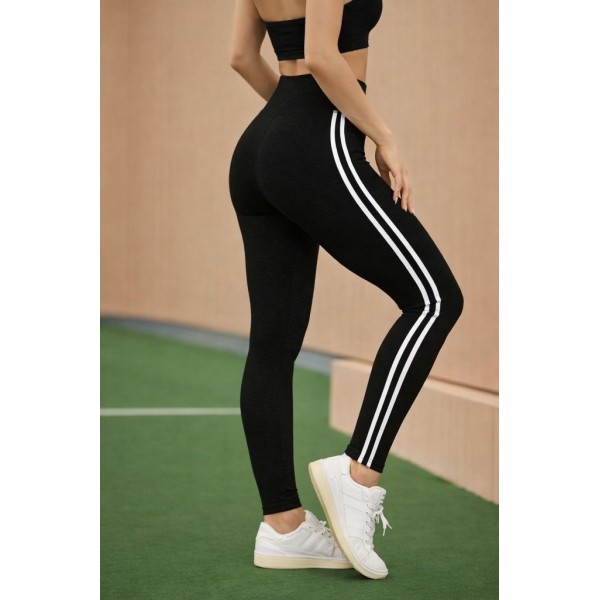 Kadın Yüksek Bel Yanları şerit Detaylı Uzun Sporcu Tayt