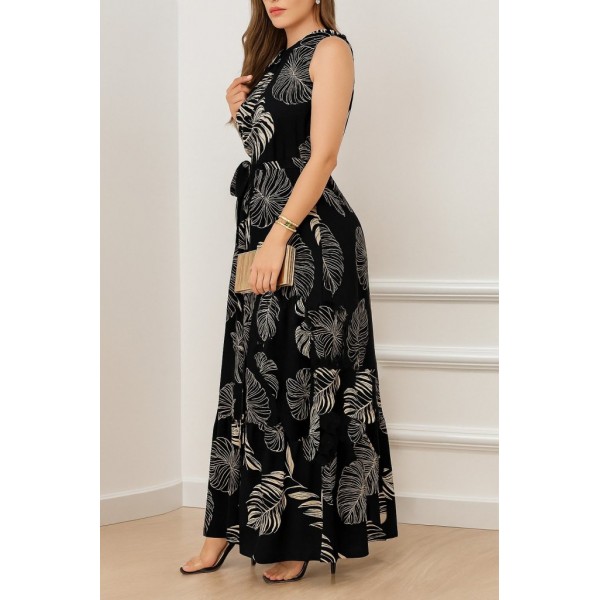 Kadın Sıfır Kok Bağcıklı Kemerli Etek Ucu Fırfırlı Desenli Süprem Elbise