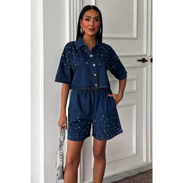 Taş Detaylı Gömlek Şort Denim Takım 10175