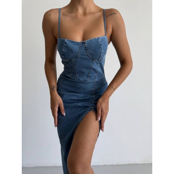 Kadın Omuz Askılı Derin Bacak Dekoltesi Ve Büzgü Detay Kot Elbise