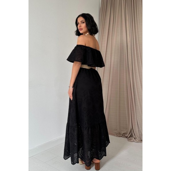 Siyah Omzu Lastikli Brode Elbise