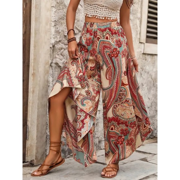 Kadın Yüksek Bel Beli Lastikli Desenli Geniş Paçalı Süprem Pantolon