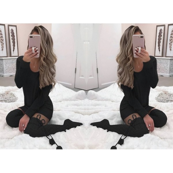 Kadın Uzun Kollu Bisiklet Yaka Triko Elbise (çorapsız)