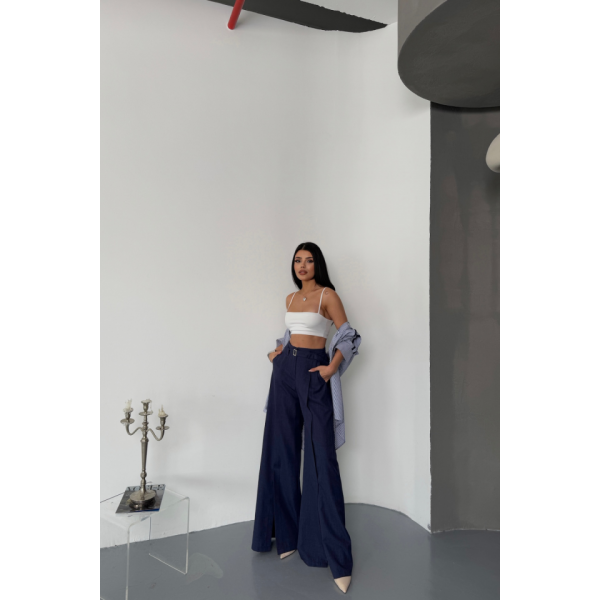 SALAŞ ÖNDEN YIRTMAÇ DETAYLI BEL KEMERLİ PANTOLON - Lacivert