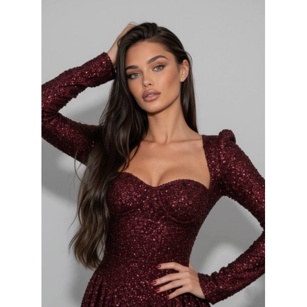 Kadın Uzun Kollu Armut Yaka Pul Payet Işlemeli Mini Gece Elbisesi