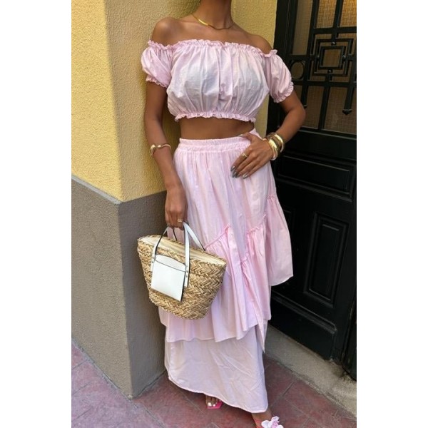 Büzgülü Crop Kat Detaylı Fırfır Etekli Takım 10196