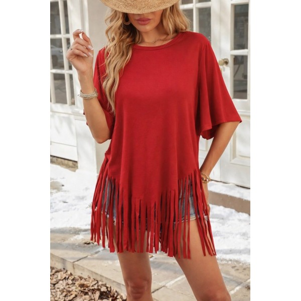 Kadın Kısa Kollu Bisiklet Yaka Püsküllü Viskon Bluz