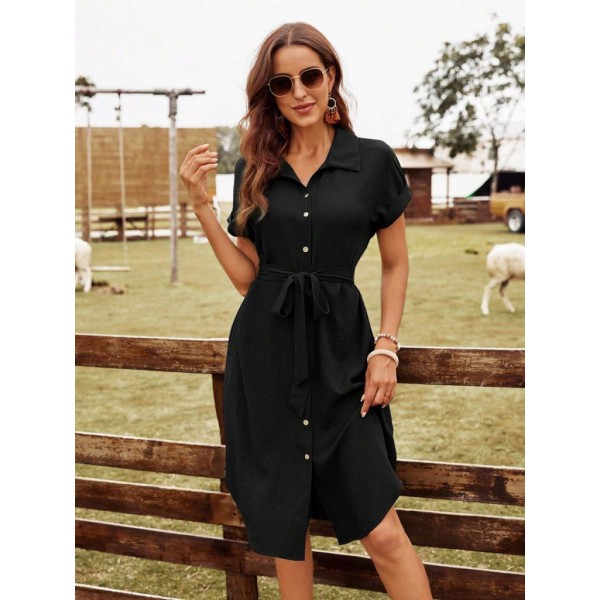 Kadın Kısa Kollu Yakalı önden Düğmeli Beli Kuşaklı Bürümcük Elbise