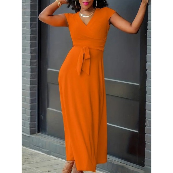 Kadın Kısa Kollu V Yakalı Belden Kuşaklı Maksi Boy Viskon Elbise