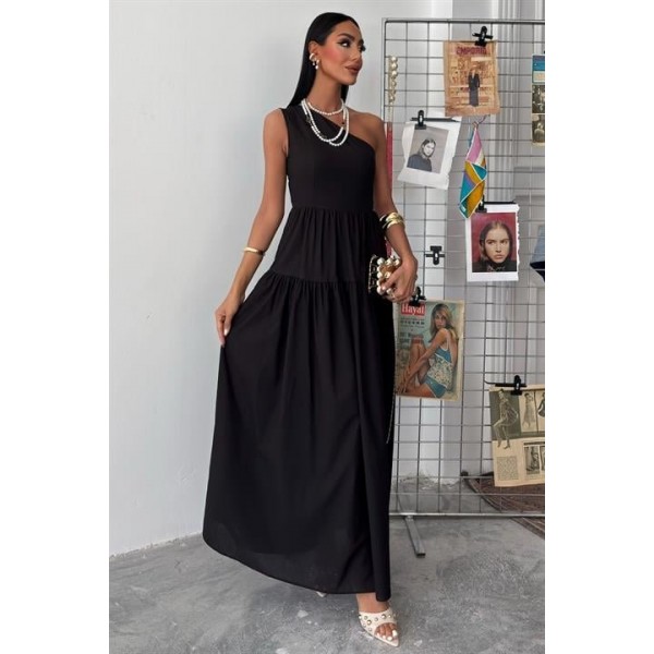 Tek Omuzlu Pile Detay Maxi Elbise 2895