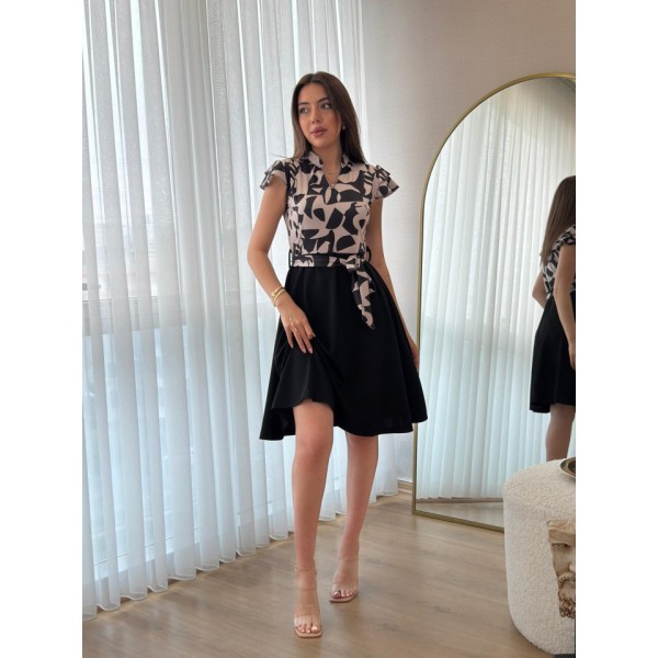 Kadın Kısa Kollu Kolu Fırfır Detay Mini Kuşaklı Kloş Krep Elbise