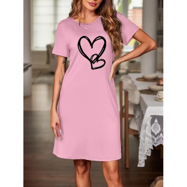 Kadın Kısa Kollu Bisiklet Yaka Kalp Desenli Viskon Elbise