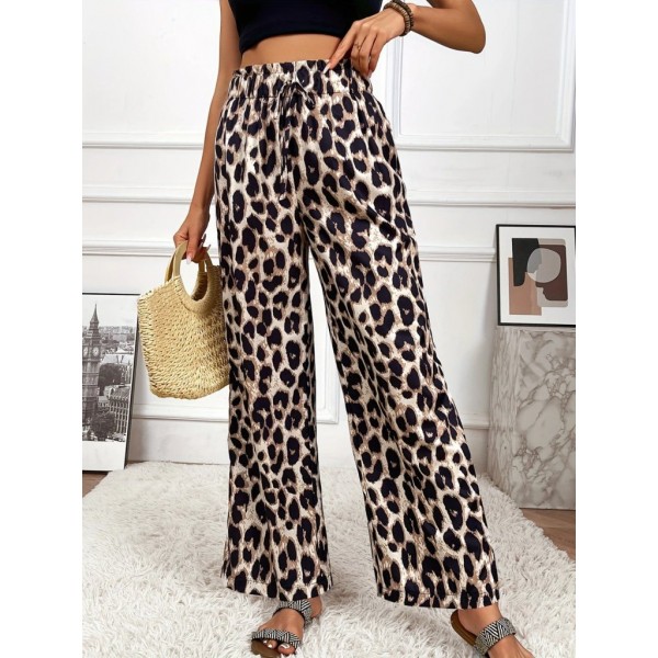 Kadın Yüksek Bel Beli Lastikli Bağcıklı Leopar Desenli Süprem Pantolon