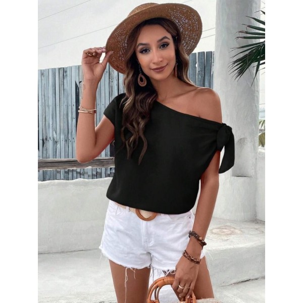 Kadın Tek Omuzu Açık Koldan Bağlamalı Janjan Krep Bluz