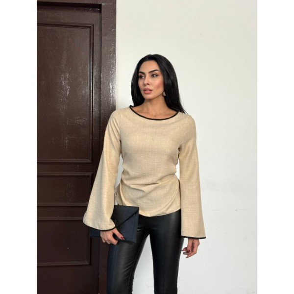 Kadın Belde Bağcık Detaylı Keten Bluz