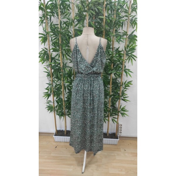 Kadın Ip Askılı Kruvaze Yakalı Yırtmaçlı Uzun Desenli Kuşaklı Süprem Elbise