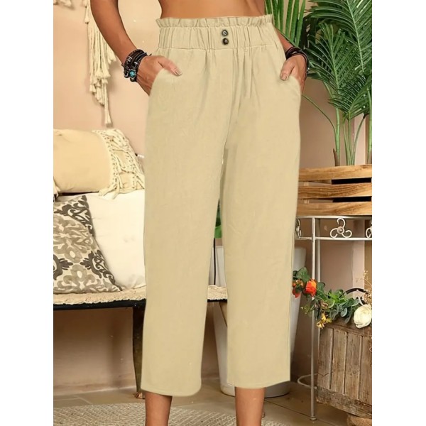 Kadın Bel Büzgü Ve Düğme Detay Kapri Keten Pantolon