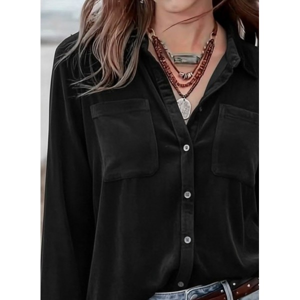 Kadın Uzun Kollu Yakalı önden Düğmeli Cep Detaylı Kadife Gömlek