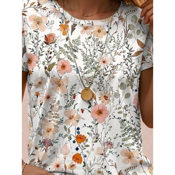Kadın Kısa Kollu Bisiklet Yaka çiçek Desenli Viskon Bluz