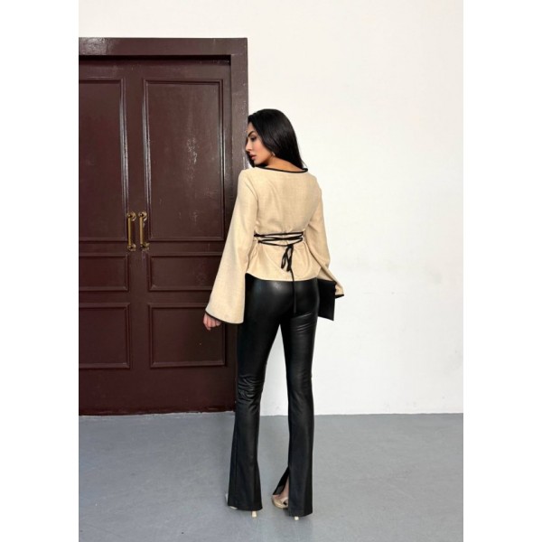 Kadın Belde Bağcık Detaylı Keten Bluz