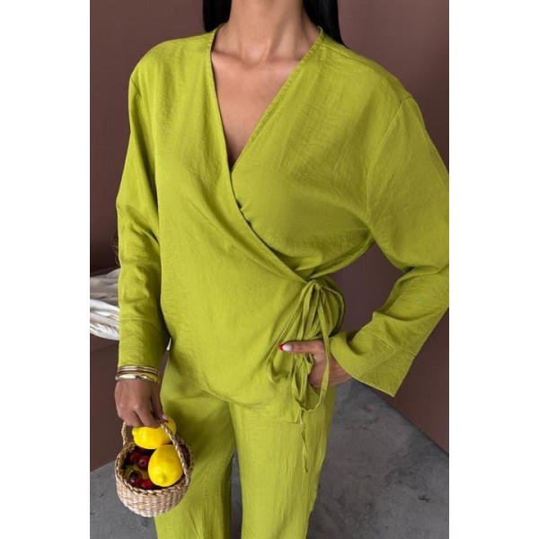 Kruvaze Model Klasik Pantolonlu Çupra Keten Takım 10191