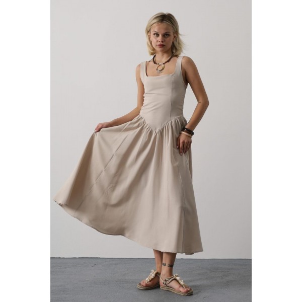 Askılı Uzun Elbise - Taş