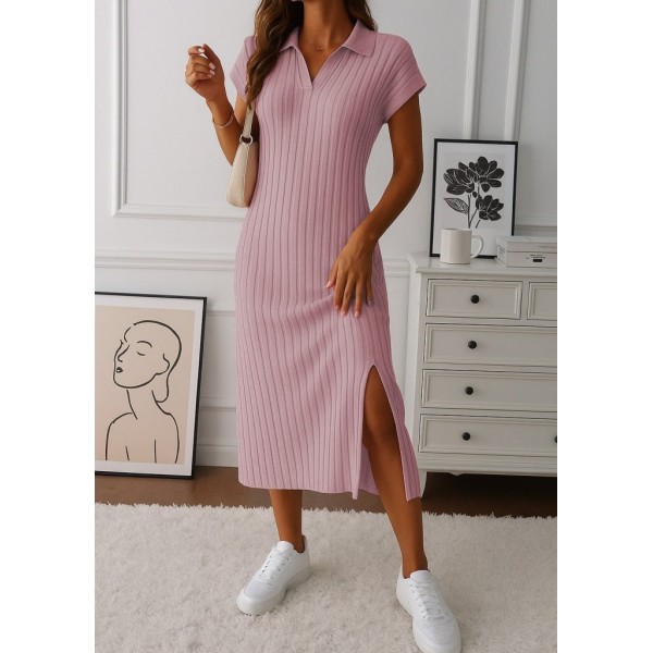 Kadın Kısa Kollu Yakalı Yandan Yırtmaçlı Kalın Fitilli Kaşkorse Elbise