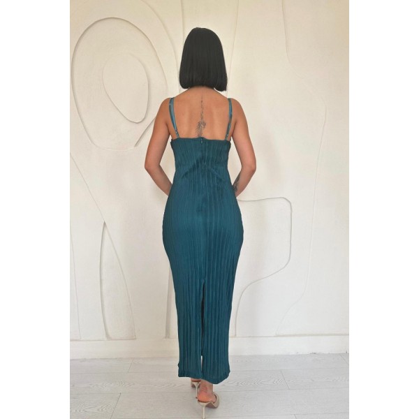 Zümrüt Piliseli Halter Boyun Elbise