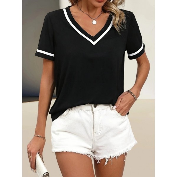 Kadın Kosa Kollu Ribanalı V Yaka Ve Kol Detaylı Viskon Bluz