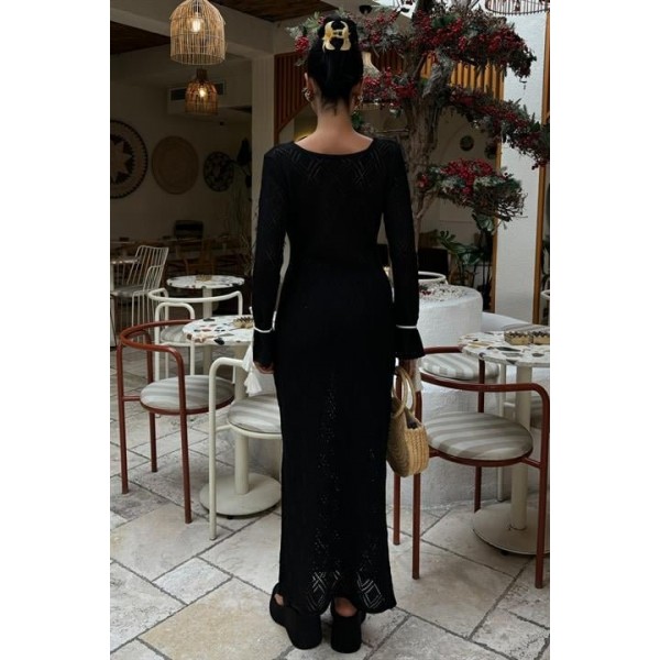 Püskül Bağcık Detaylı V Yaka Ajurlu Elbise 2850