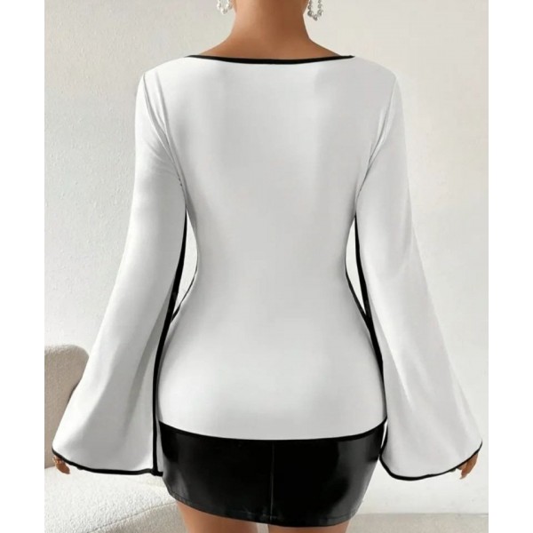 Kadın U Yaka Siyah şerit Detyalı Yarasa Kol Dalgıç Kumaş Arabiyeli Bluz